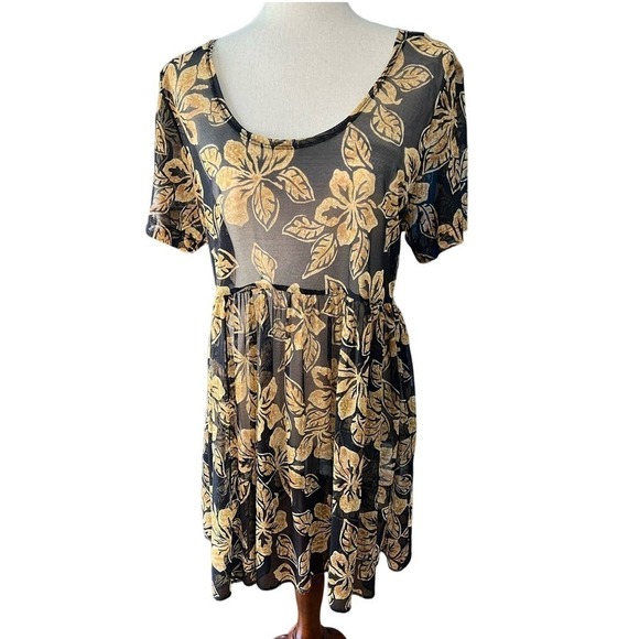 Vintage Cole Illusion Mesh Baby Doll Top, Floral, Black/Orange, size Medium - Picture 4 of 9